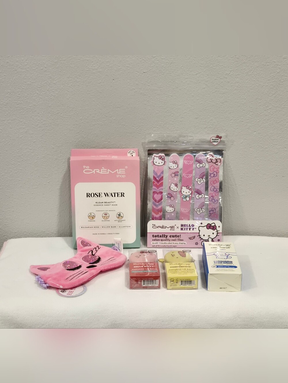 The Crème Shop Lip Balm, Hand Cream, Nail Files, Rose Water Mask and Sleep Mask